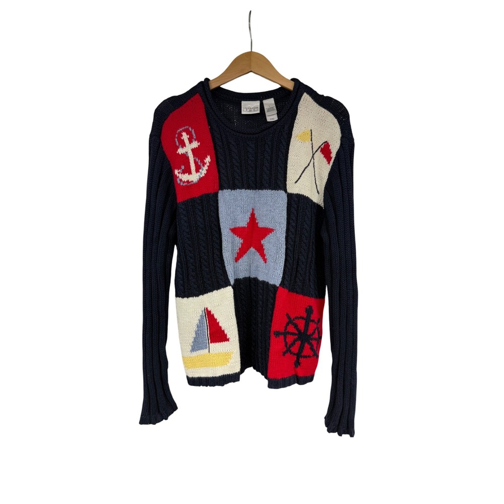 Villager Sport Liz Claiborne Nautical Patchwork Knit Sweater Navy Blue Large